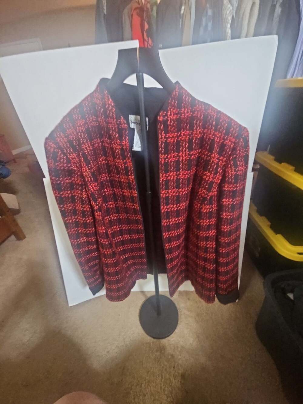 Petite Perceptions Jacket Size 16P Red Black Plaid Knit Blazer